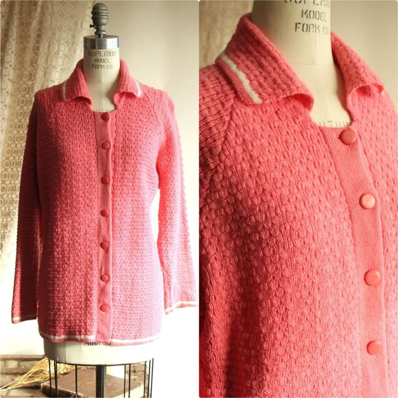 Vintage Sweaters - Vintage 1950s 1960s Sweater, Handknit Pink Cardigan with Collar